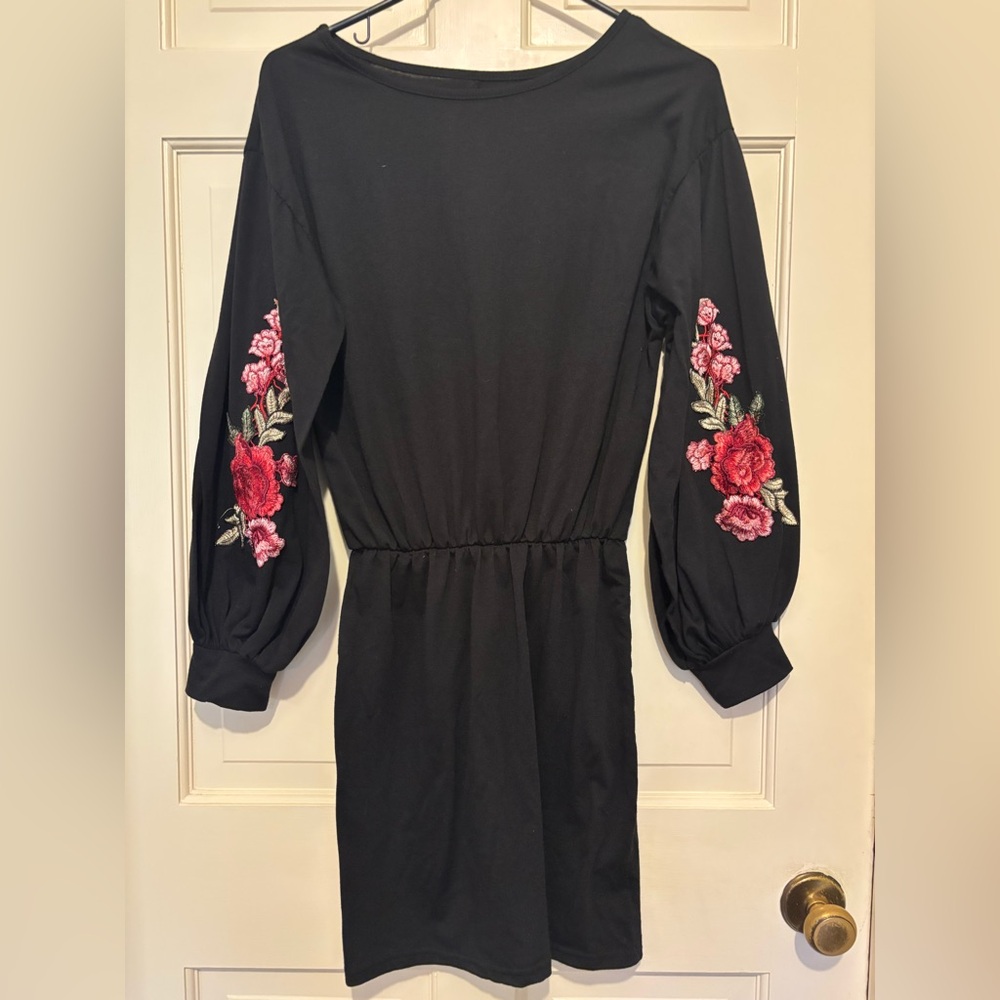 Black long sleeve mini dress modest travel party winter floral elegant work sexy